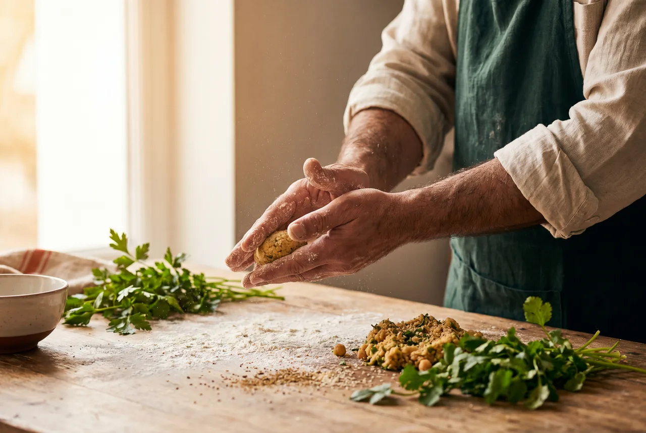 Hände formen handgemachte Falafel aus frischer Kichererbsen-Kräuter-Masse