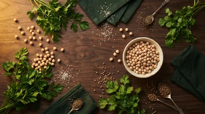 Zutaten für Coriander Falafel — Kichererbsen, frische Kräuter, Sesam